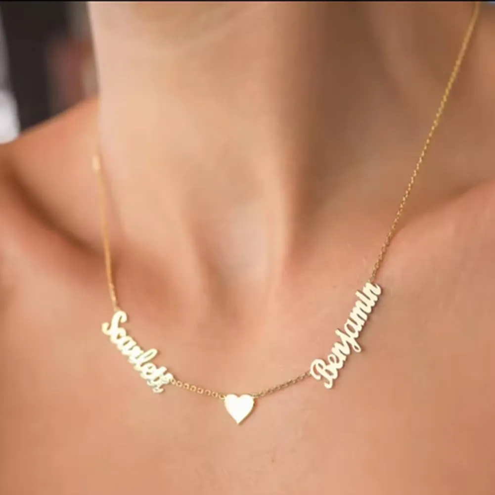 Personalized 925 Sterling Silver Two Names Necklace with Heart Custom Made with 2 Names