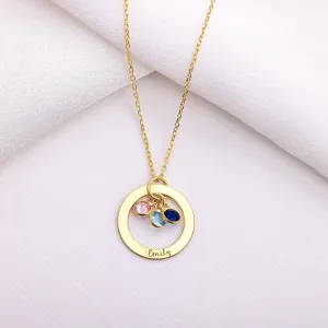 Personalized Circle Birthstone Necklace, Custom Name Pendant, 3 Colors Available, Crystal Charms