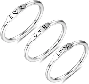 Personalized Initial Stackable Bar Name Rings Set Engraved Family 1-6 Names Ring Sterling Silver 925/ Brass Rings for Women Men (Silver)