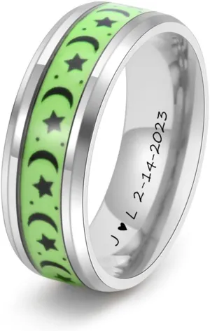 Personalized Luminous Sun Moon Rings for Him Her,Custom Name Date Wedding Band Stainless Steel Glow in The Dark Spinner Ring Stress Relieving Promise Ring for Valentines Day Gift