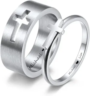 Personalized Matching Cross Rings for Couples,Custom Nameplates Wedding Band Stainless Steel Christian Cross Puzzle Ring Set Promise Rings Engraved Baptism Gift for Him Her,2 Packs