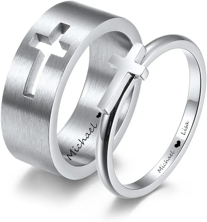 Personalized Matching Cross Rings for Couples,Custom Nameplates Wedding Band Stainless Steel Christian Cross Puzzle Ring Set Promise Rings Engraved Baptism Gift for Him Her,2 Packs