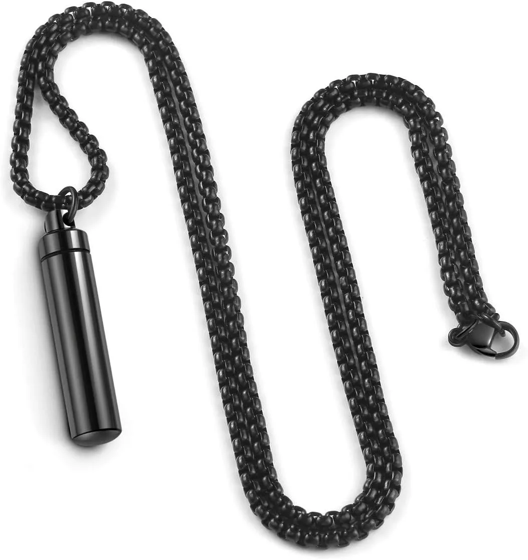 Personalized Sealed Cylinder Tube Locket Cremation Urn Necklace for Ashes Silver Black Engraving Capsule Tube Vial Pendant Ash Urns Keepsake Jewelry Memorial Necklaces with 22/24 inches Chain Link