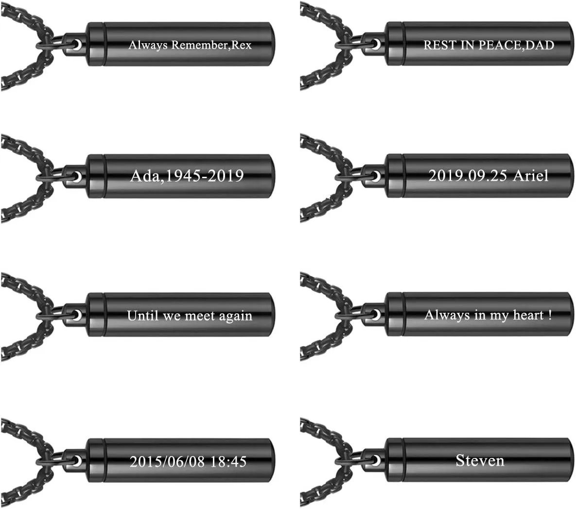 Personalized Sealed Cylinder Tube Locket Cremation Urn Necklace for Ashes Silver Black Engraving Capsule Tube Vial Pendant Ash Urns Keepsake Jewelry Memorial Necklaces with 22/24 inches Chain Link