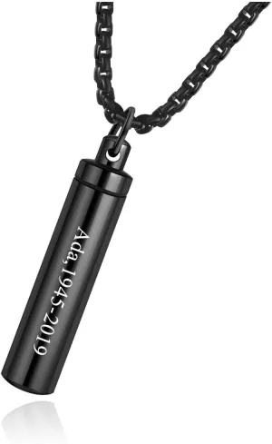 Personalized Sealed Cylinder Tube Locket Cremation Urn Necklace for Ashes Silver Black Engraving Capsule Tube Vial Pendant Ash Urns Keepsake Jewelry Memorial Necklaces with 22/24 inches Chain Link
