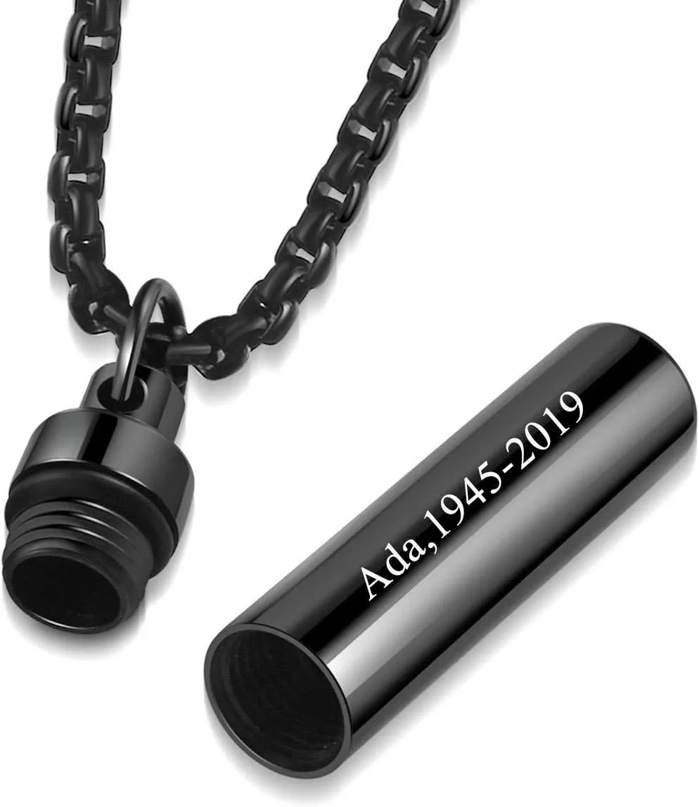 Personalized Sealed Cylinder Tube Locket Cremation Urn Necklace for Ashes Silver Black Engraving Capsule Tube Vial Pendant Ash Urns Keepsake Jewelry Memorial Necklaces with 22/24 inches Chain Link