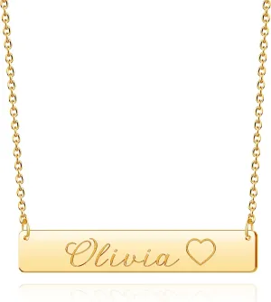 Personalized Stainless Steel Bar Necklace Custom Name Sterling Silver Heart Pendant for Women with Case