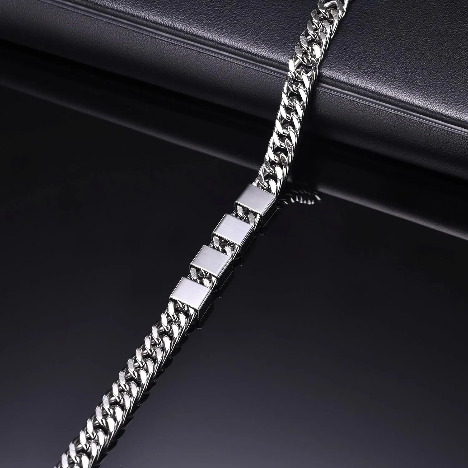Personalized Stainless Steel Bracelet for Men - Cuban Chain Bracelets with Custom Beads Name Engrave Id Bracelet Father's Day Mens Jewelry Gifts for Dad Husband Brother Grandpa, Send Gift Card Box