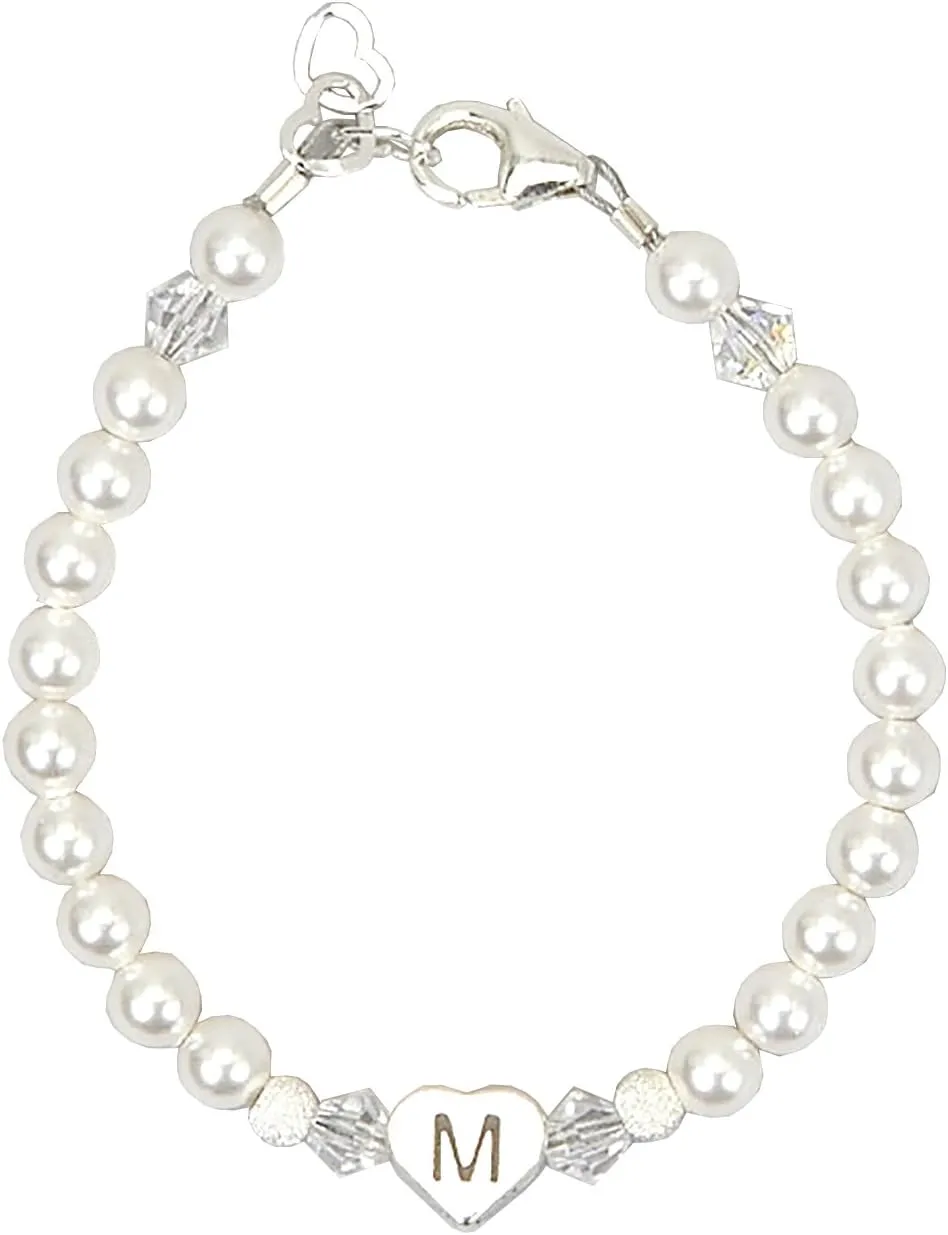 Personalized Swarovski Crystal, White Simulated Pearls, with Sterling Silver Heart Initial Baby Bracelet (BHC_All)