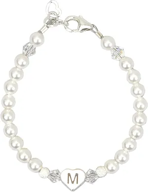 Personalized Swarovski Crystal, White Simulated Pearls, with Sterling Silver Heart Initial Baby Bracelet (BHC_All)