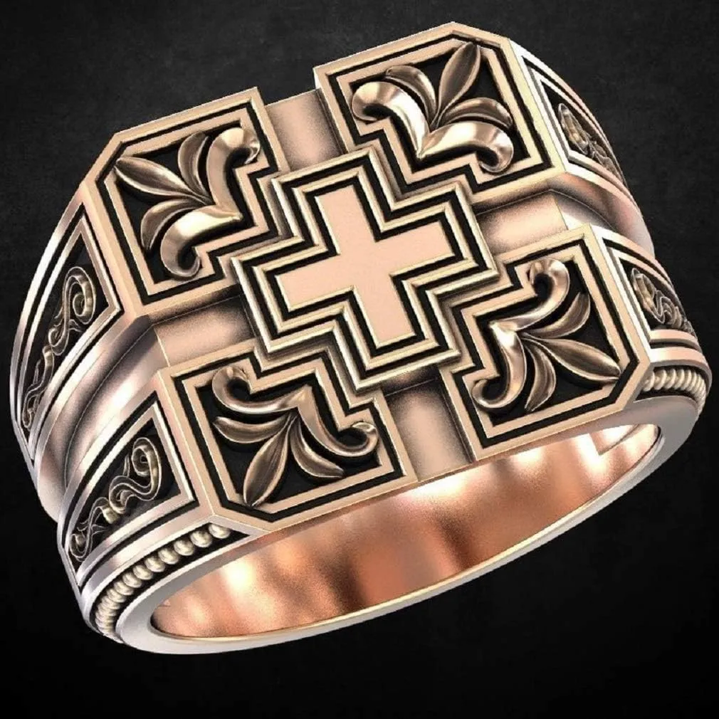 PikaLF Cross Ring for Men, Christian Religious Ring, Vintage Carved Band Rings, Retro Cross Totem Ring, Gothic Cross Amulet Ring, Punk Cross Signet Ring, Baptism Christian Jewelry Unique Gifts