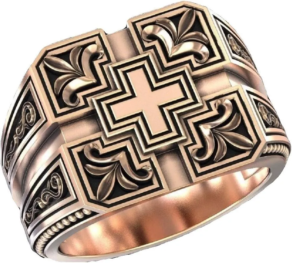 PikaLF Cross Ring for Men, Christian Religious Ring, Vintage Carved Band Rings, Retro Cross Totem Ring, Gothic Cross Amulet Ring, Punk Cross Signet Ring, Baptism Christian Jewelry Unique Gifts