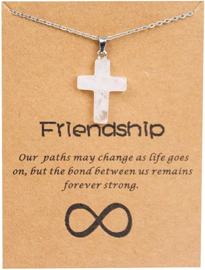 Pingyongchang Best Friend Crystal Cross Pendant Necklace Gifts Stress Relief Inspirational Natural Stone Friendship Protection Choker for Women Girls Teen Christian Baptism Easter Birthday Gifts