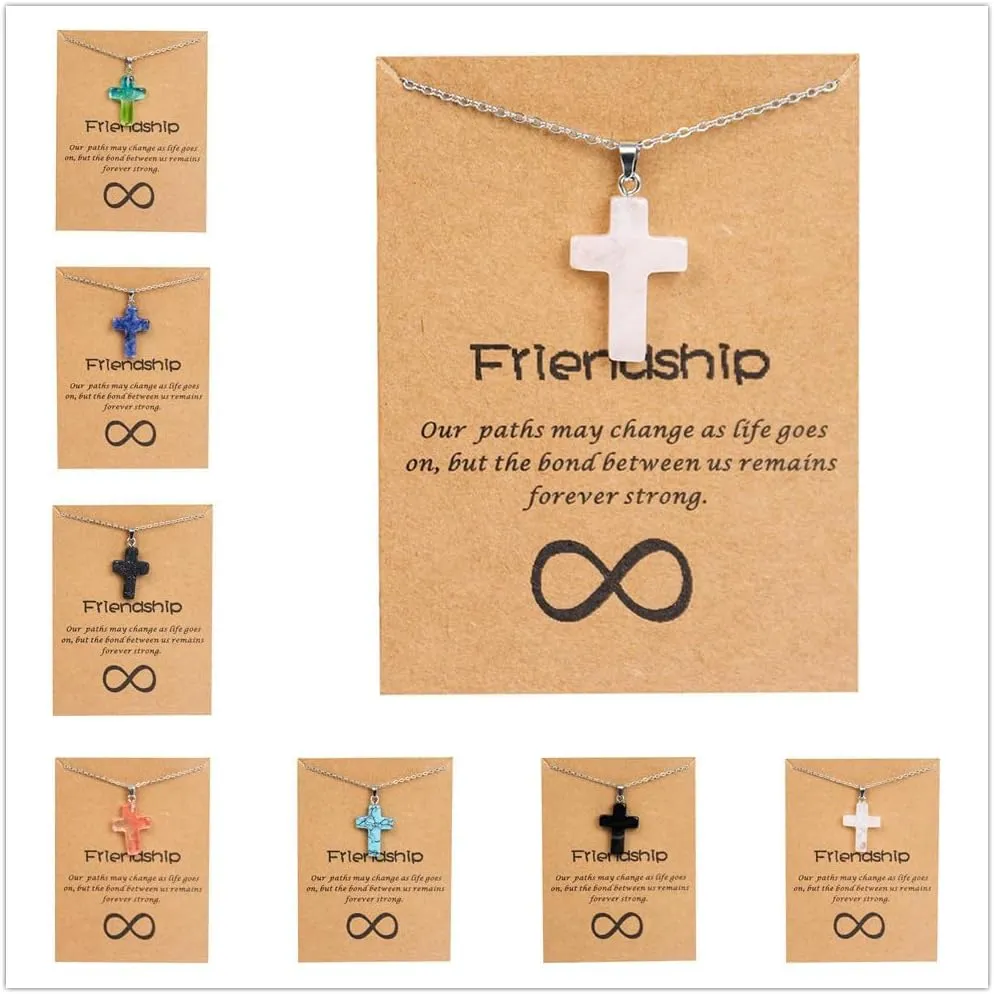 Pingyongchang Best Friend Crystal Cross Pendant Necklace Gifts Stress Relief Inspirational Natural Stone Friendship Protection Choker for Women Girls Teen Christian Baptism Easter Birthday Gifts