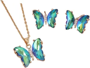 Pingyongchang Butterfly Necklace and Earrings Set for Women - Minimalist Cubic Zircons Gold Pendant, Cute Crystal Jewelry - Women's Gifts