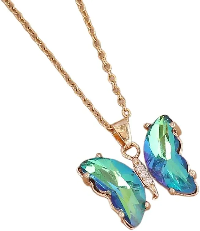 Pingyongchang Butterfly Necklace and Earrings Set for Women - Minimalist Cubic Zircons Gold Pendant, Cute Crystal Jewelry - Women's Gifts