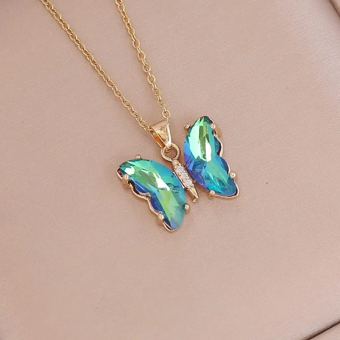 Pingyongchang Butterfly Necklace and Earrings Set for Women - Minimalist Cubic Zircons Gold Pendant, Cute Crystal Jewelry - Women's Gifts