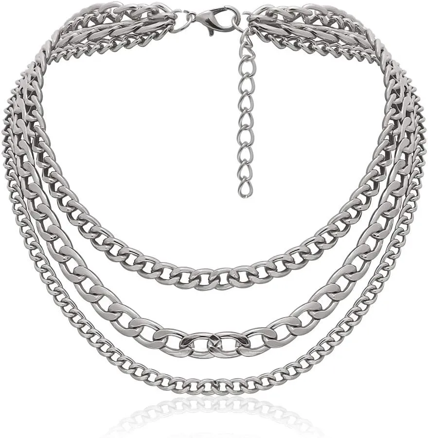 Pingyongchang Metal Gold Silver Color Thick Chunky Choker Chain Multi Layered Adjustable Length Necklace Exaggeration Oval Cuban Collar Statement Clavicle Necklace for Women Men Party Gifts Jewelry