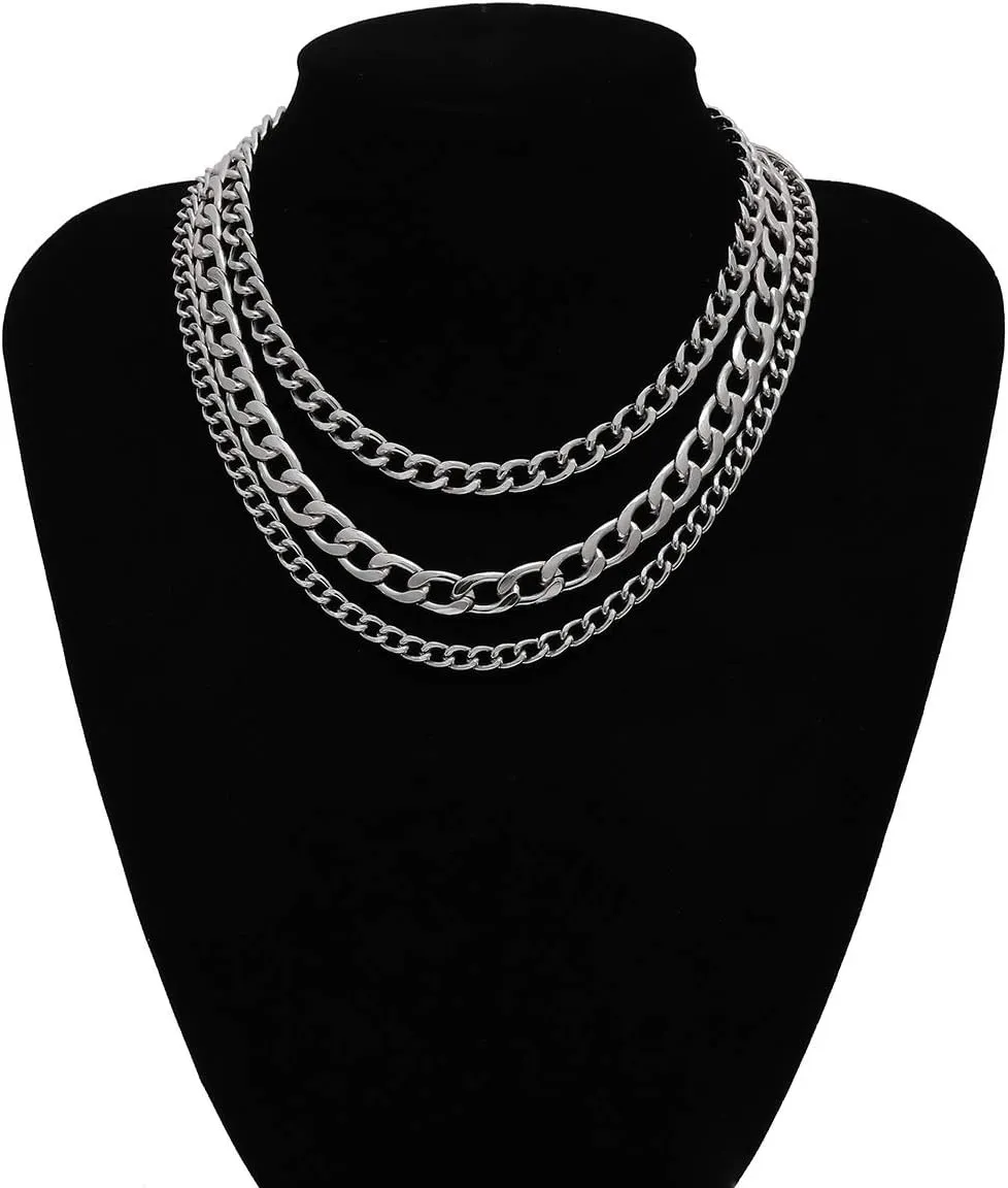 Pingyongchang Metal Gold Silver Color Thick Chunky Choker Chain Multi Layered Adjustable Length Necklace Exaggeration Oval Cuban Collar Statement Clavicle Necklace for Women Men Party Gifts Jewelry
