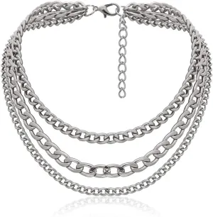 Pingyongchang Metal Gold Silver Color Thick Chunky Choker Chain Multi Layered Adjustable Length Necklace Exaggeration Oval Cuban Collar Statement Clavicle Necklace for Women Men Party Gifts Jewelry