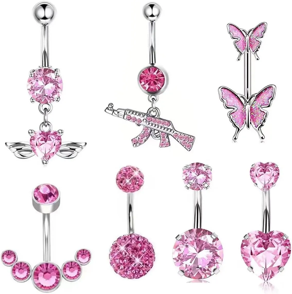 Pink 14G Silver Button Ring Dangle Navel Belly Piercing Jewelry Cute CZ Heart Butterfly Bow Flower Navel Belly Rings for Women Stainless Steel Dainty Dangly Dangling Belly Button Piercing