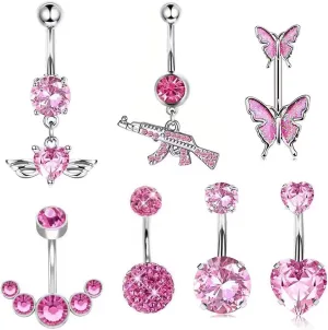 Pink 14G Silver Button Ring Dangle Navel Belly Piercing Jewelry Cute CZ Heart Butterfly Bow Flower Navel Belly Rings for Women Stainless Steel Dainty Dangly Dangling Belly Button Piercing