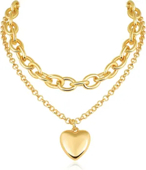 Planch Chunky Gold Necklace Heart Pendant 14k Gold Plated Thick Chain Multilayer Necklace for Women