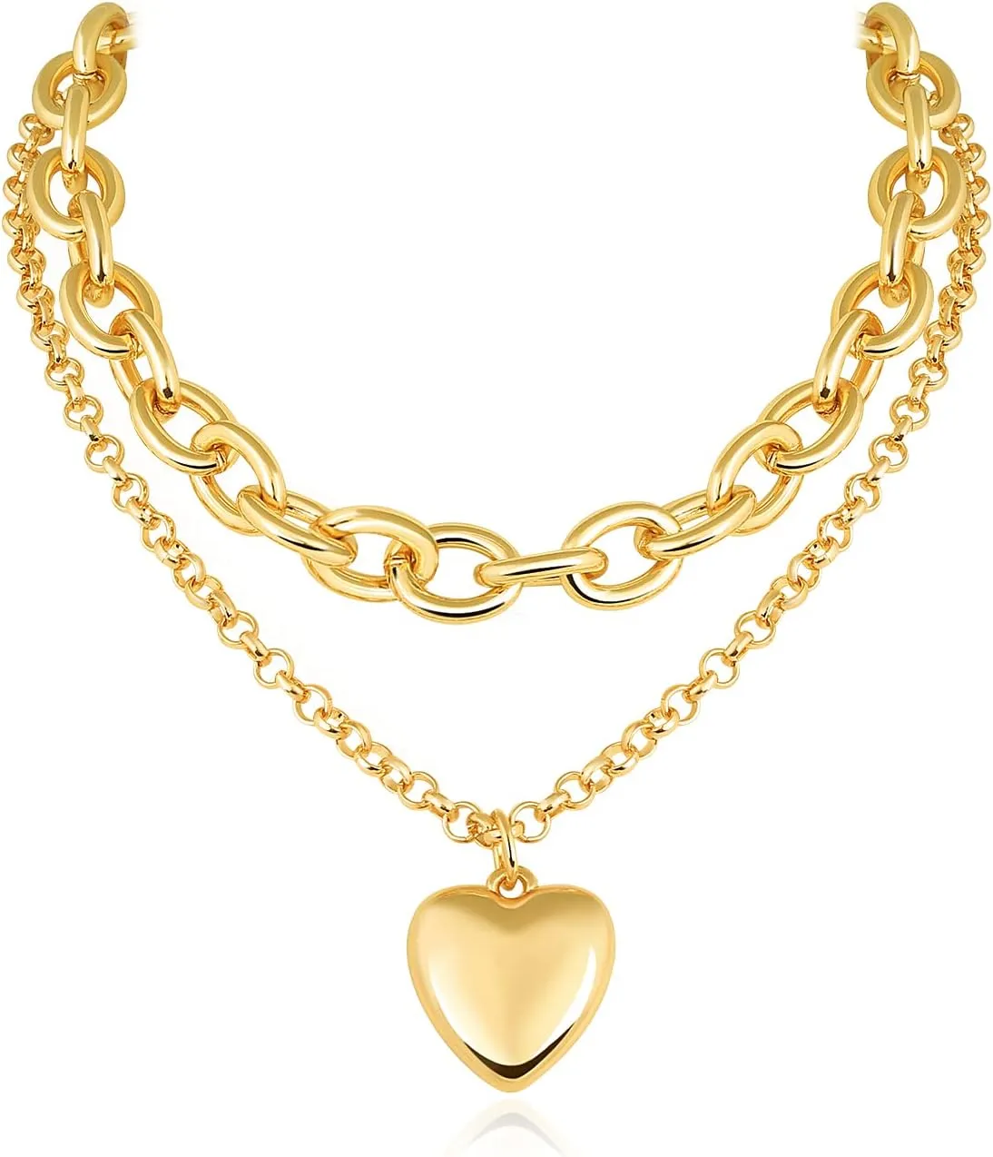 Planch Chunky Gold Necklace Heart Pendant 14k Gold Plated Thick Chain Multilayer Necklace for Women