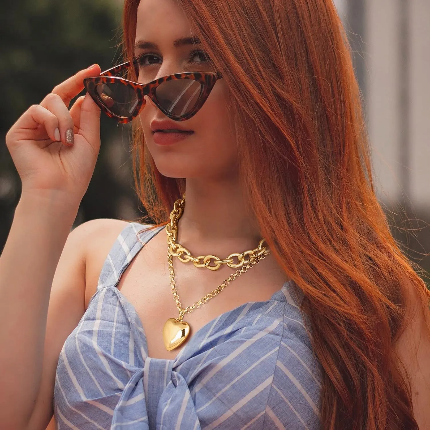 Planch Chunky Gold Necklace Heart Pendant 14k Gold Plated Thick Chain Multilayer Necklace for Women