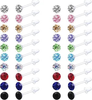Plastic Earrings,80pcs Colorful Cubic Zirconia Earrings for Gril, medical grade plastic Post earrings for sensitive ears, 3mm stud earrings for women hypoallergenic