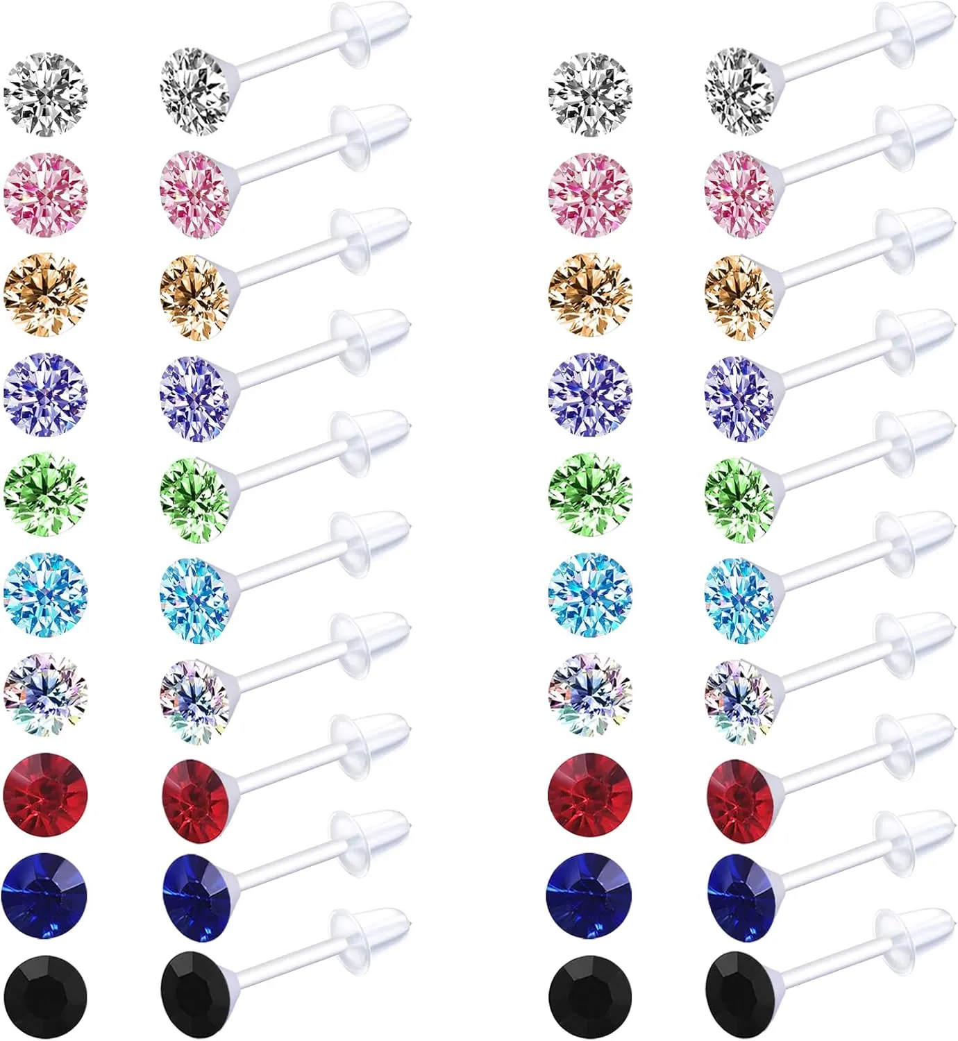 Plastic Earrings,80pcs Colorful Cubic Zirconia Earrings for Gril, medical grade plastic Post earrings for sensitive ears, 3mm stud earrings for women hypoallergenic