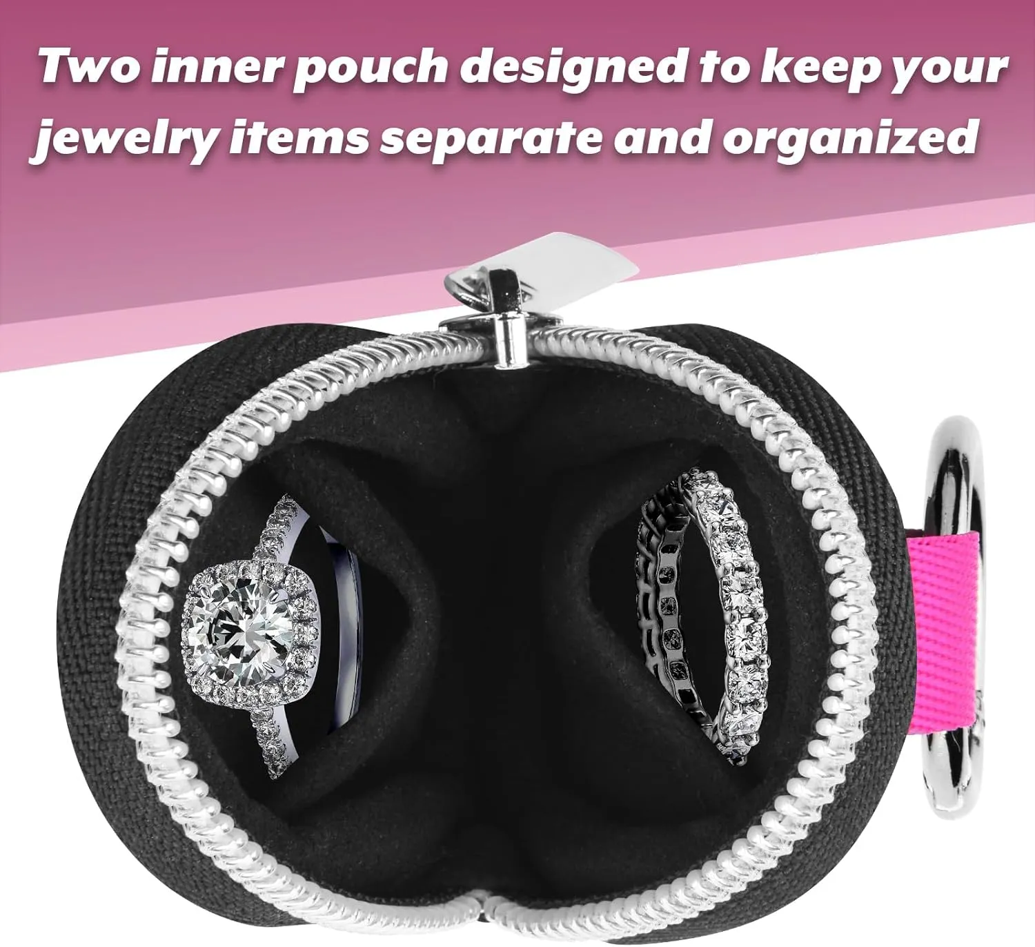 Portable Ring Organizer Case with Keychain, Traveling Ring Holder Storage Bag, Anti-Lost Keychain Container for Rings, Jewelry (1, Hot Pink)
