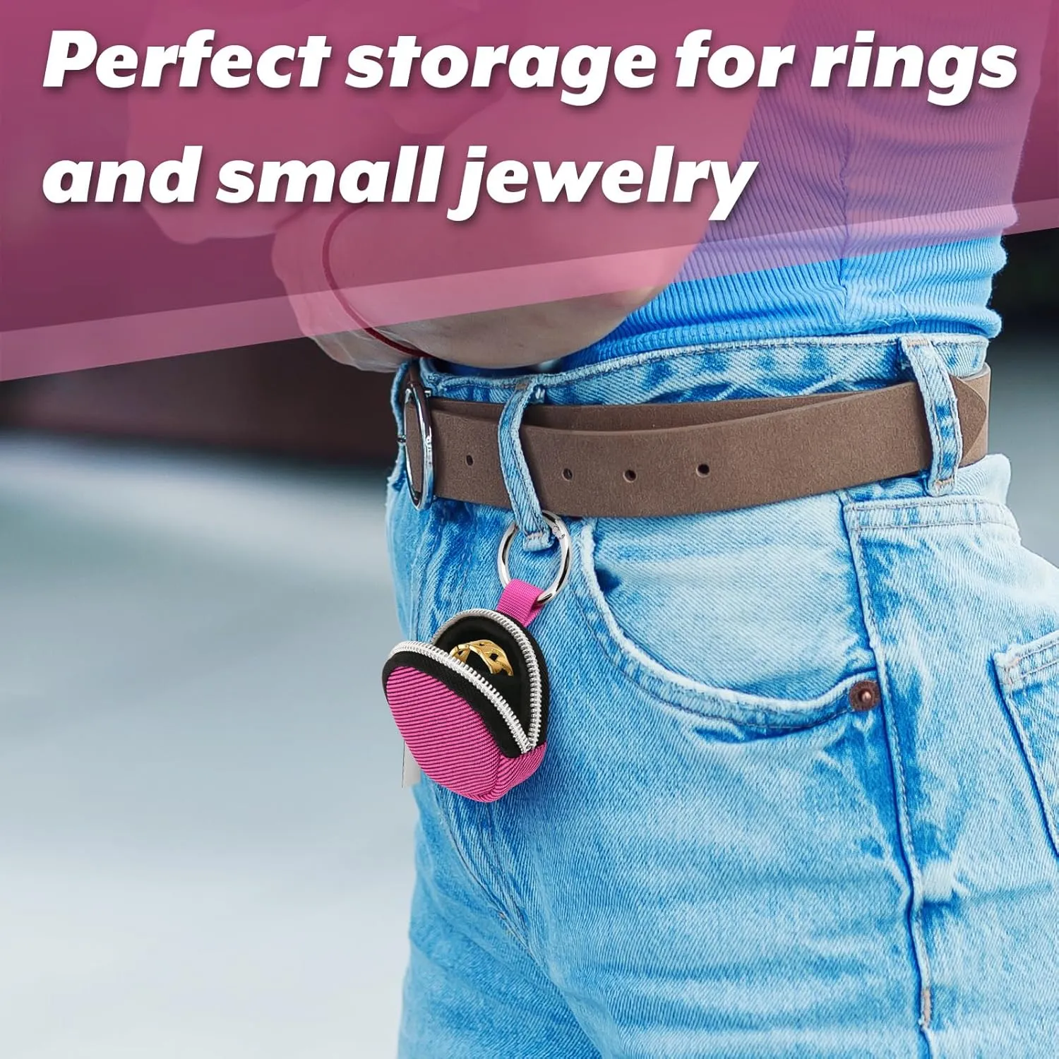 Portable Ring Organizer Case with Keychain, Traveling Ring Holder Storage Bag, Anti-Lost Keychain Container for Rings, Jewelry (1, Hot Pink)