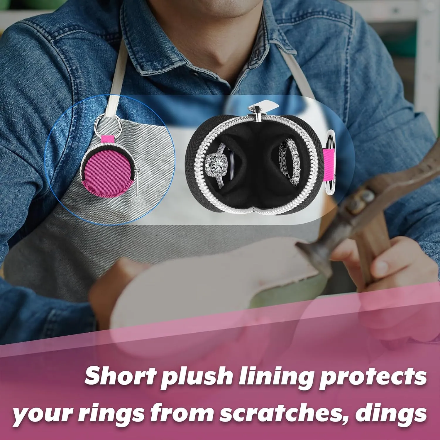 Portable Ring Organizer Case with Keychain, Traveling Ring Holder Storage Bag, Anti-Lost Keychain Container for Rings, Jewelry (1, Hot Pink)