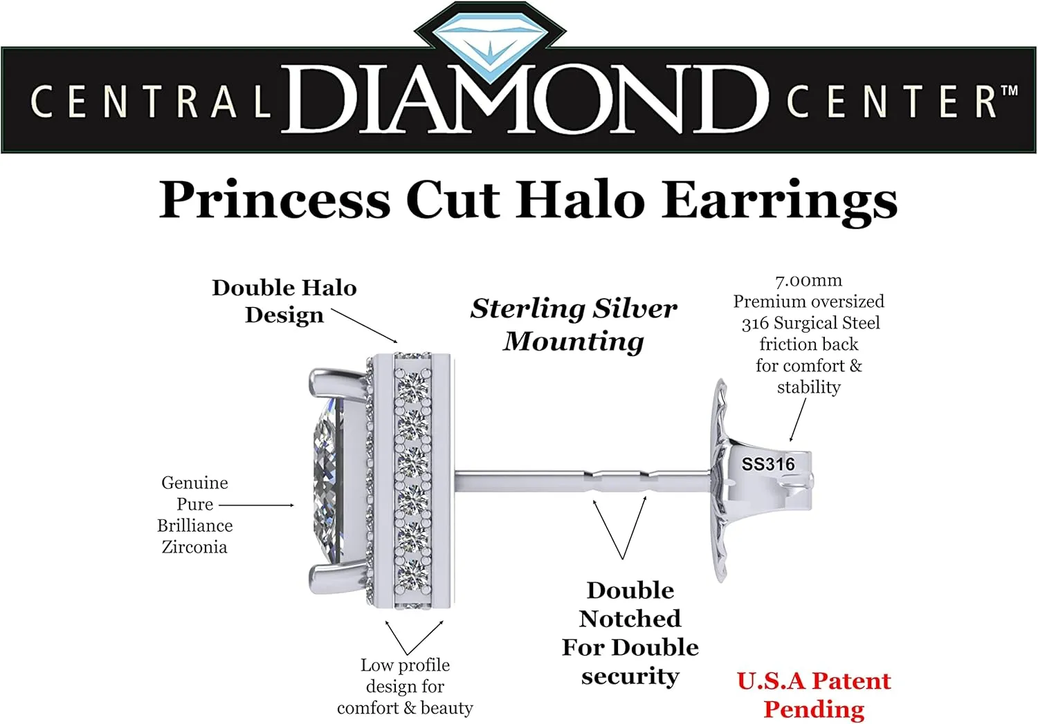 Princess Halo Earrings w/Pure Brilliance Zirconia in Sterling Silver Mounting, Hypoallergenic