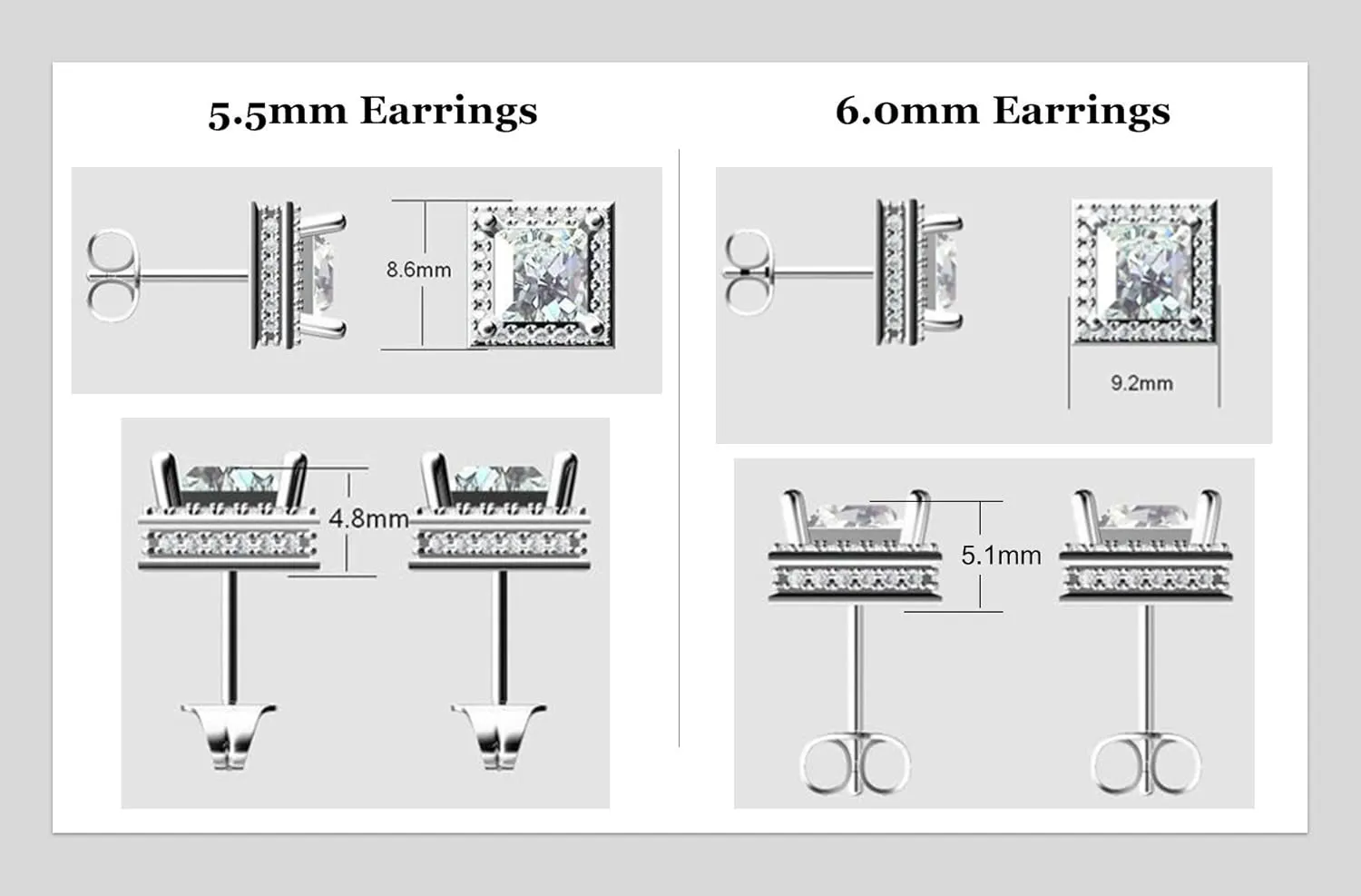 Princess Halo Earrings w/Pure Brilliance Zirconia in Sterling Silver Mounting, Hypoallergenic