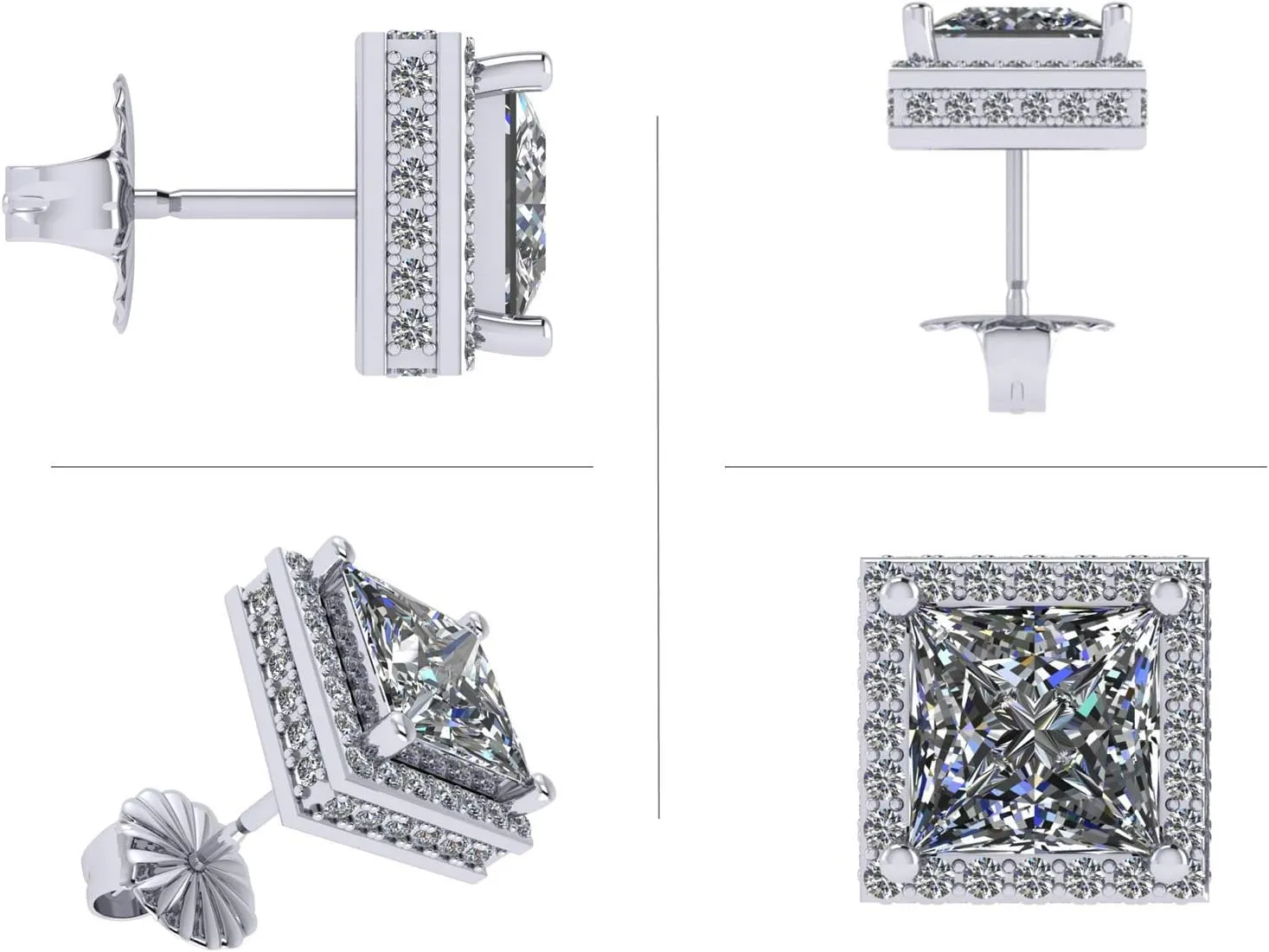 Princess Halo Earrings w/Pure Brilliance Zirconia in Sterling Silver Mounting, Hypoallergenic