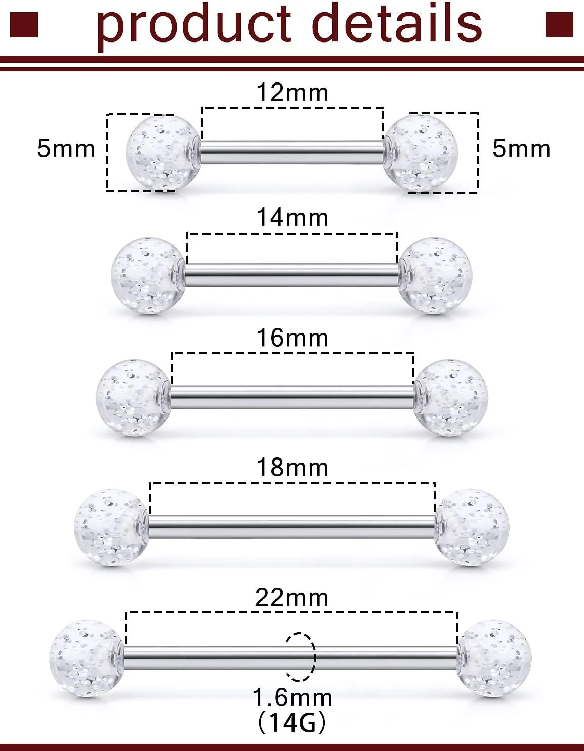 Prjndjw 14G Surgical Steel Straight Barbell - Tongue & Nipple Rings for Women & Men - Length 12MM, 14MM, 16MM, 18MM, 22mm - Piercing Jewelry