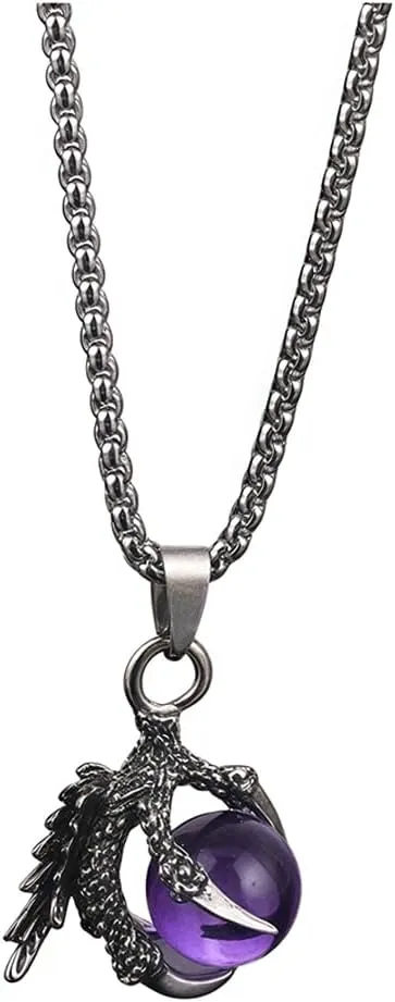 Punk Style Dragon Claw Necklace Vintage Stainless Steel Dragon Claw Pendant Necklace Gothic Black Blue Red Crystal Ball Charm Necklace Dark Fantasy Punk Jewelry for Men Women Halloween Goth Accessory