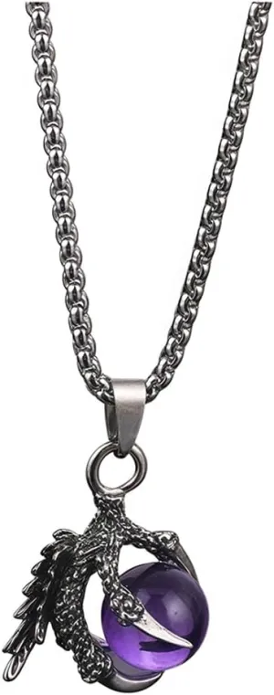 Punk Style Dragon Claw Necklace Vintage Stainless Steel Dragon Claw Pendant Necklace Gothic Black Blue Red Crystal Ball Charm Necklace Dark Fantasy Punk Jewelry for Men Women Halloween Goth Accessory