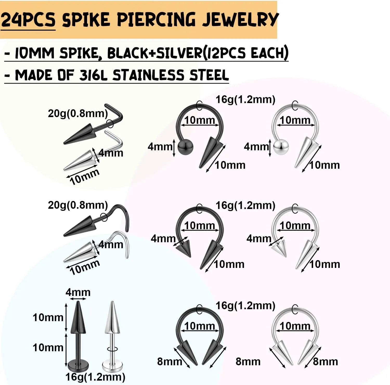 PunkTracker 16G Long Spike Septum, Nose and Piercing Jewelry for Women & Men