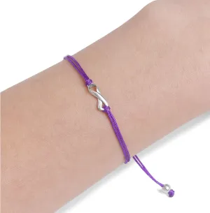 Purple Thread Womens Friendship Support Bracelet, November Alzheimers Awareness Month, Small Sterling Silver Ribbon Shaped Charm. Aware for Lupus, Pancreatic Cancer, Domestic Violence