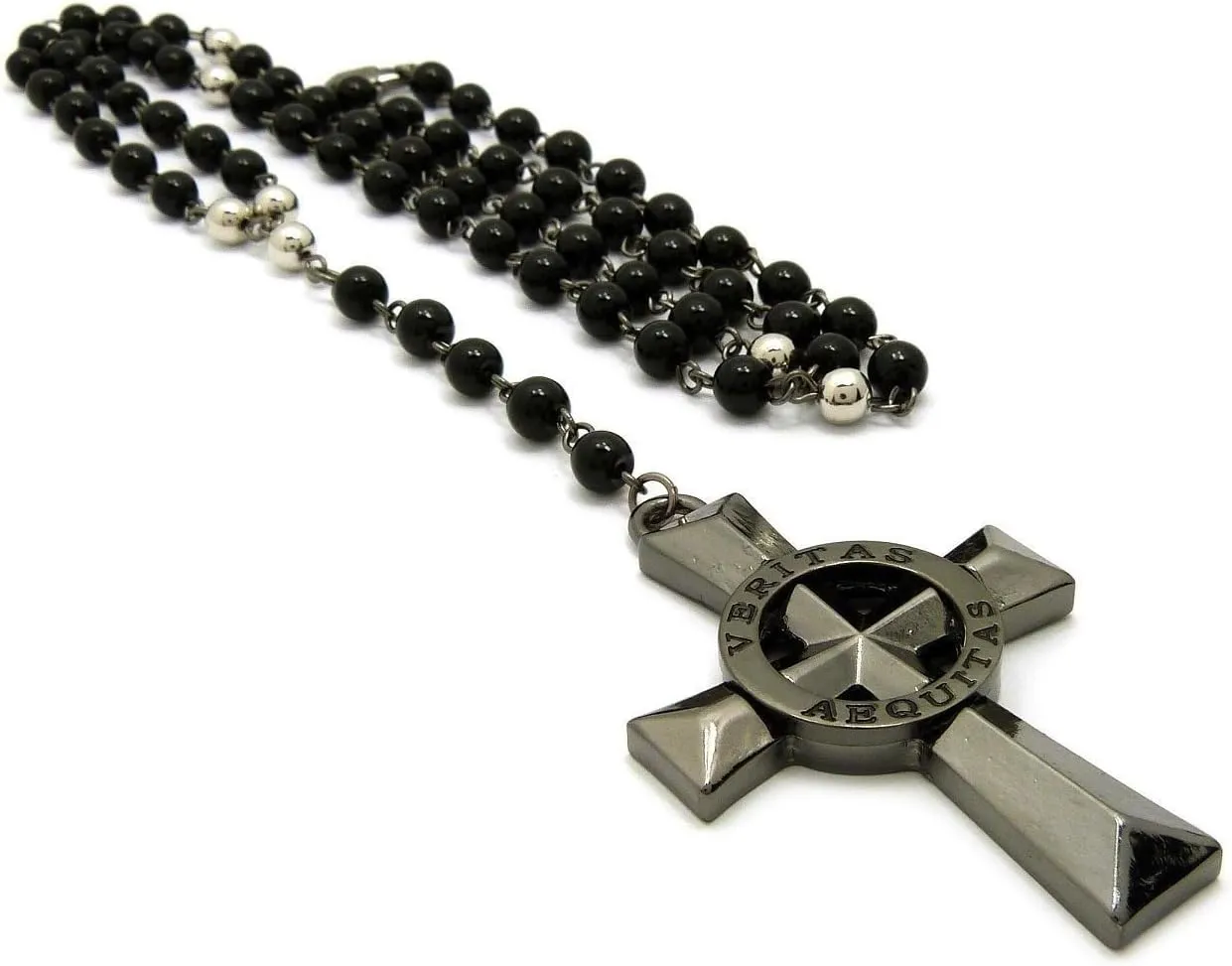 Pyramid Jewelers Mens Veritas Aequitas Cross Boondock Saints Pendant Glass Stone Bead Rosary Necklace