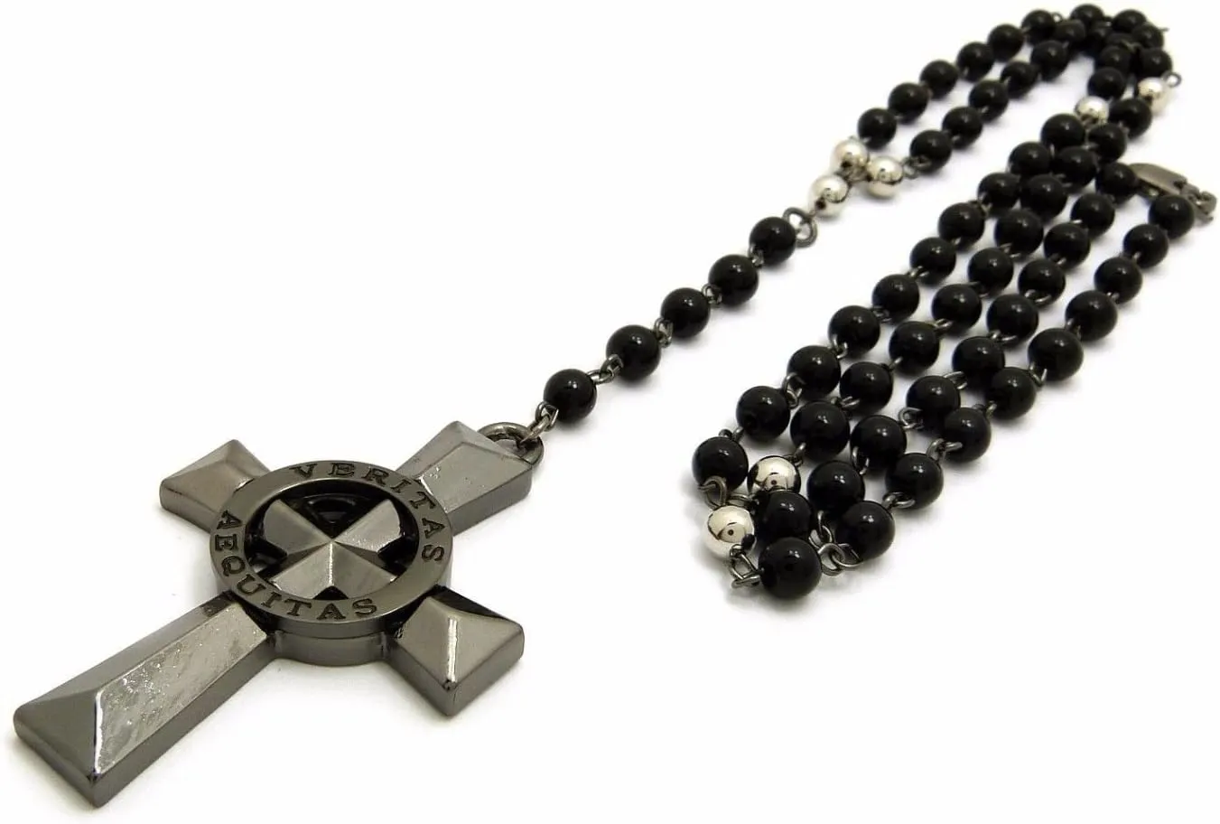 Pyramid Jewelers Mens Veritas Aequitas Cross Boondock Saints Pendant Glass Stone Bead Rosary Necklace