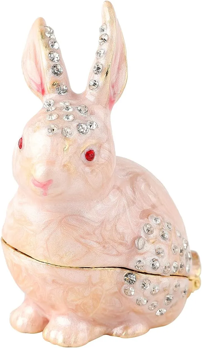 QIFU Cute Mini Pink Rabbit Style Enameled Trinket Box Hinged, Unique Gift for Family 