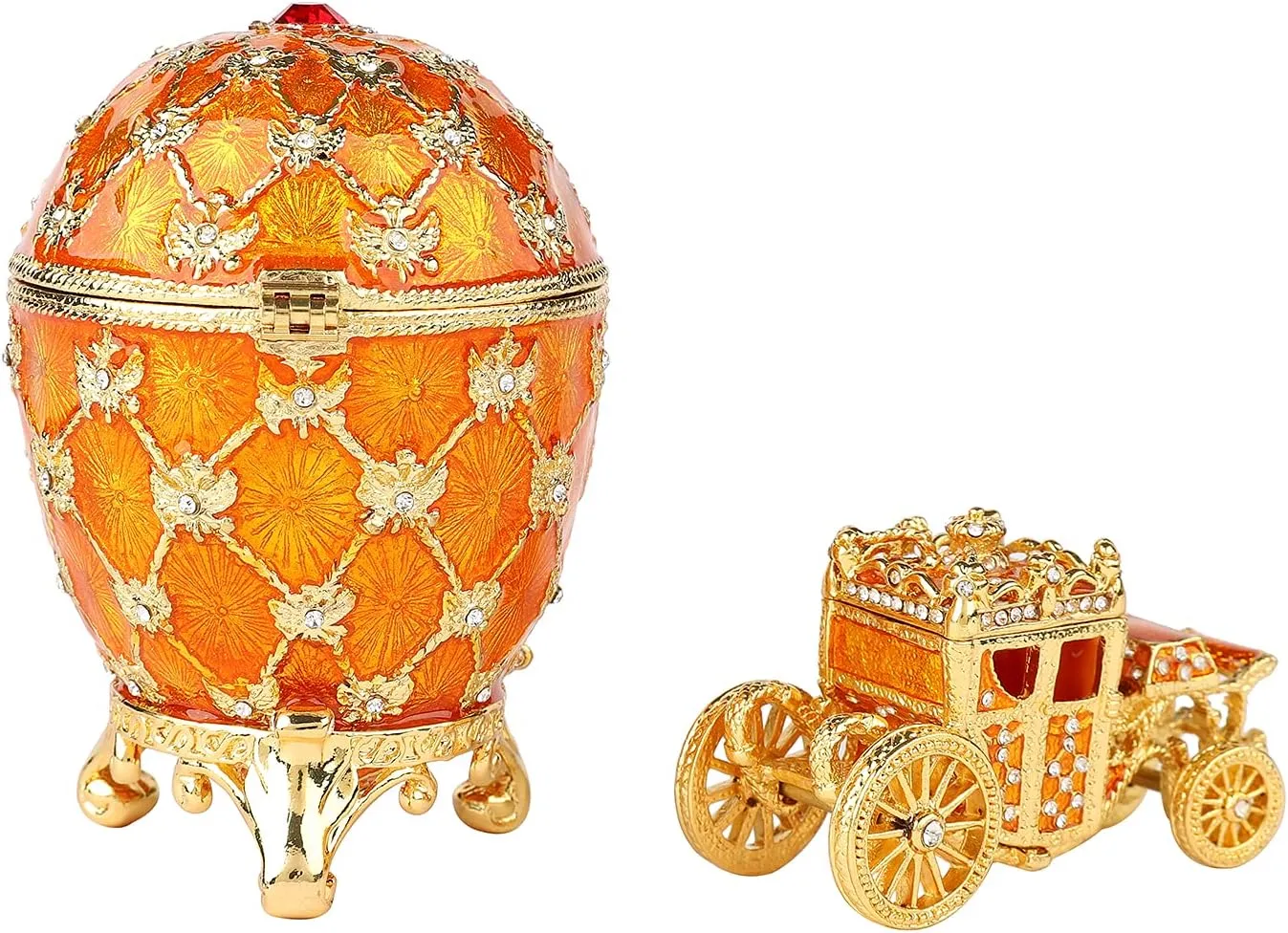 QIFU Vintage Gold Easter Egg Style Jewelry Trinket Box with Mini Royal Carriage, Unique Gift for Easter Collection