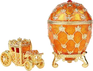 QIFU Vintage Gold Easter Egg Style Jewelry Trinket Box with Mini Royal Carriage, Unique Gift for Easter Collection