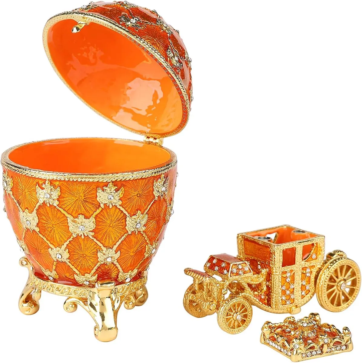 QIFU Vintage Gold Easter Egg Style Jewelry Trinket Box with Mini Royal Carriage, Unique Gift for Easter Collection