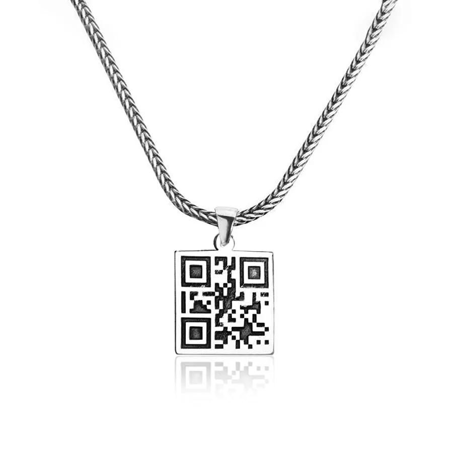 QR Code Silver Necklace Men's Personalized Pendant with Chain 20 to 27