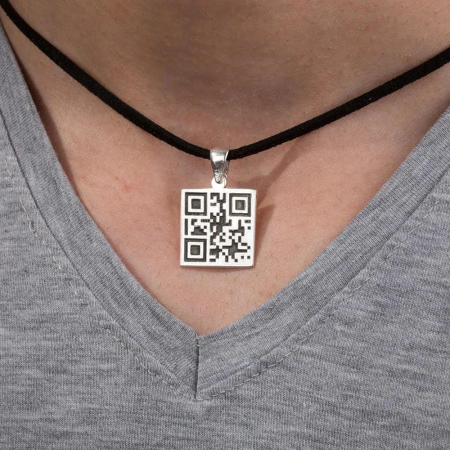 QR Code Silver Necklace Men's Personalized Pendant with Chain 20 to 27